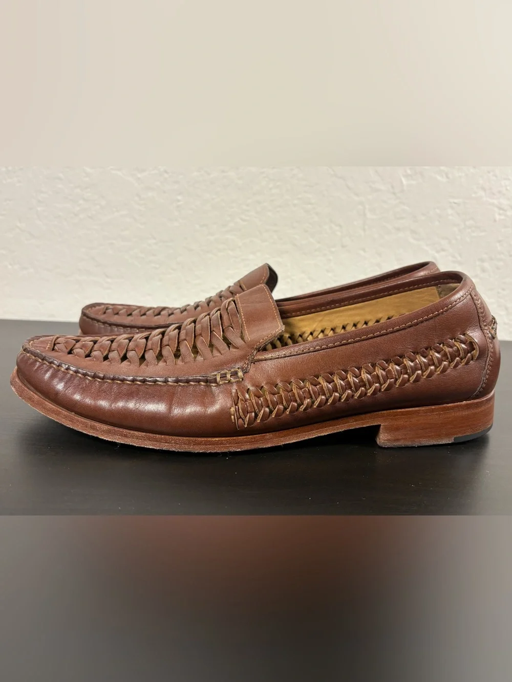 Johnston & Murphy Men's Woven Sheepskin Leather Slip-On Loafers Tan Brown